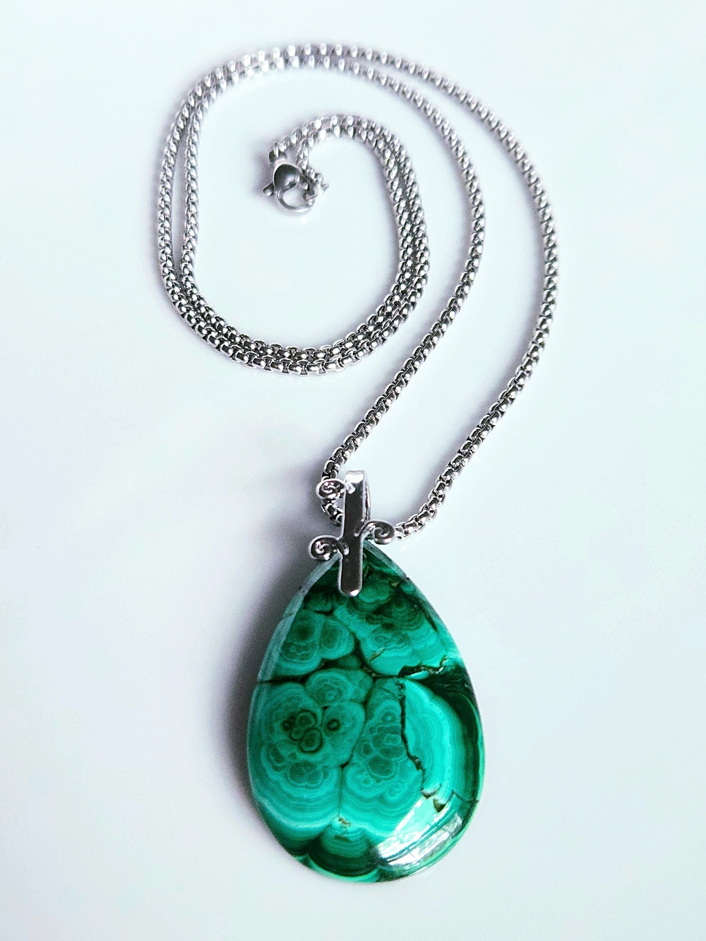 Silver Malachite Teardrop Pendant Necklace